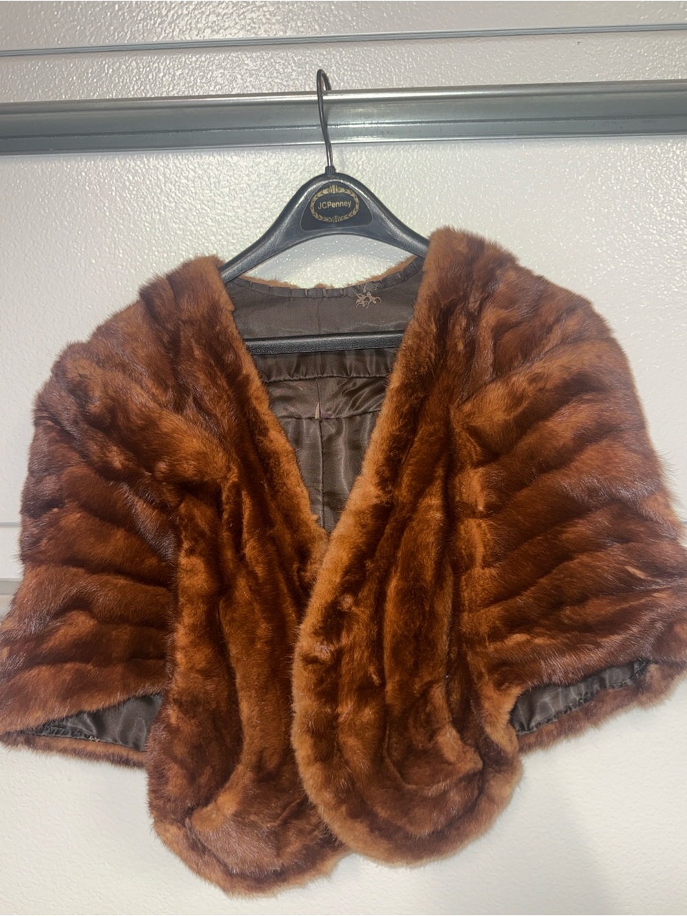 Vintage Genuine Mink Fur Cape Shawl Cognac Brown Pockets S/M